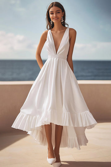 Ivory Satin Deep V Neck A Line High-Low Boho Dress